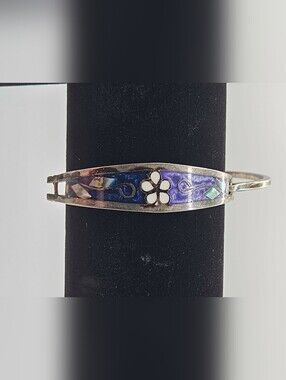 Mexican Sterling Silver Abolone & Pearl With A Flower Accent Bangle